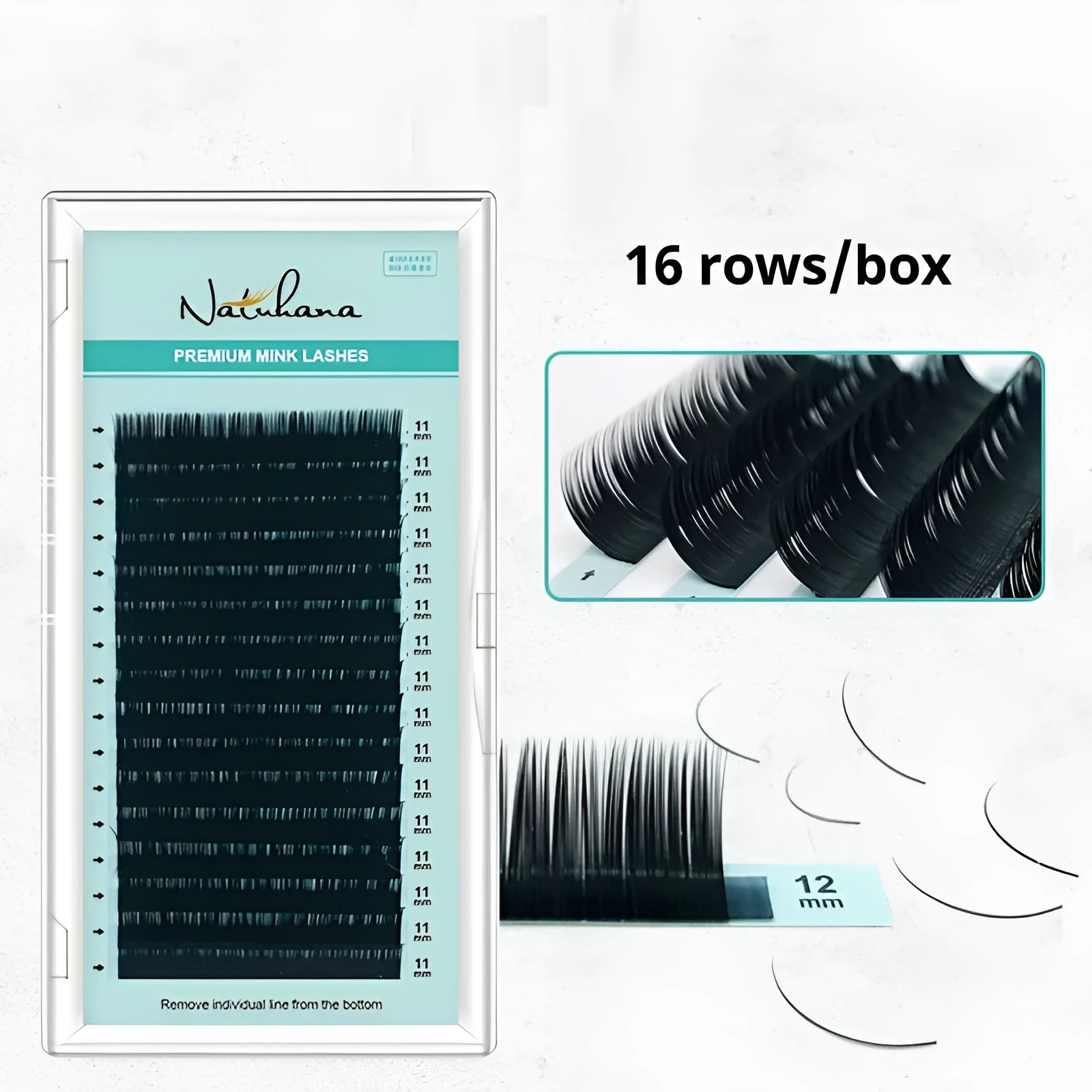 Artificial fibre false eyelashes with soft velvet texture showing length options from 7mm to 15mm