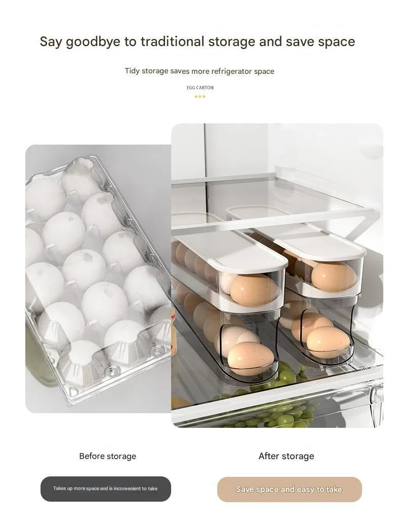 White plastic slide-out egg tray with automatic dispenser on a kitchen countertop