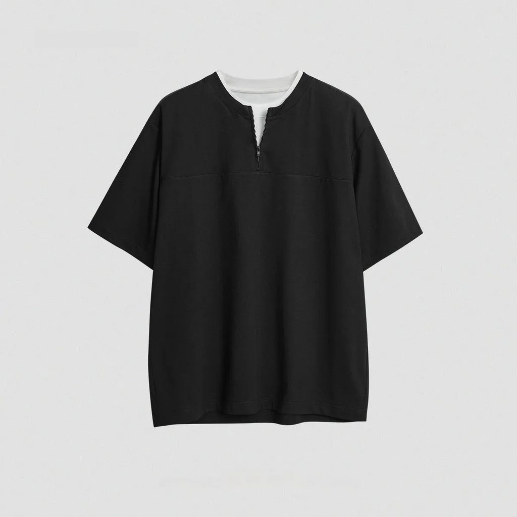 Loose fit zip false two-piece patchwork top in solid colour cotton blend fabric