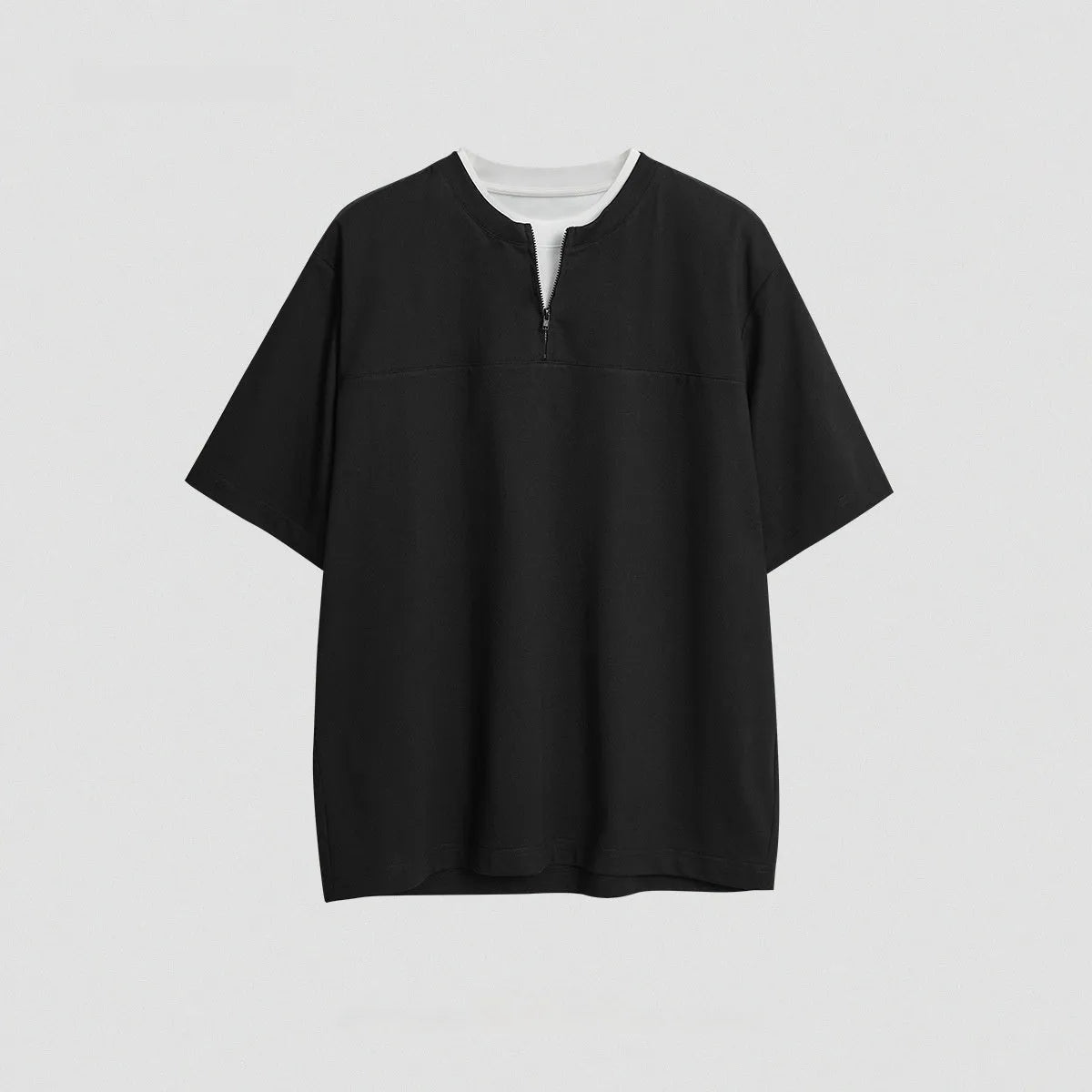 Loose fit zip false two-piece patchwork top in solid colour cotton blend fabric