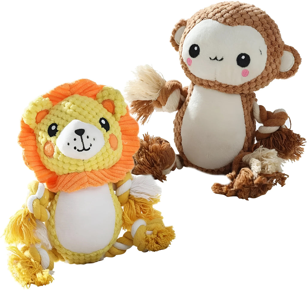 Lion and monkey plush squeaky dog toys showing dimensions: 9x12 cm and 17x13.5 cm
