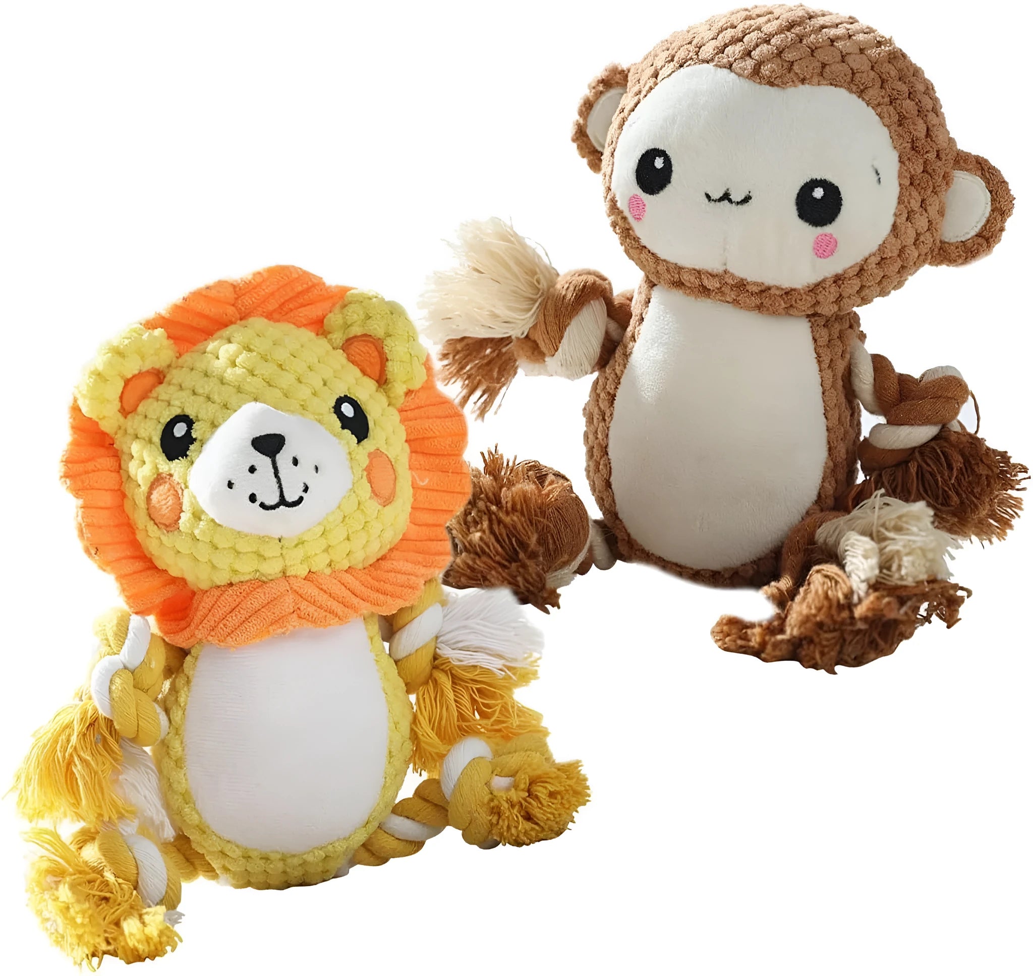 Lion and monkey plush squeaky dog toys showing dimensions: 9x12 cm and 17x13.5 cm