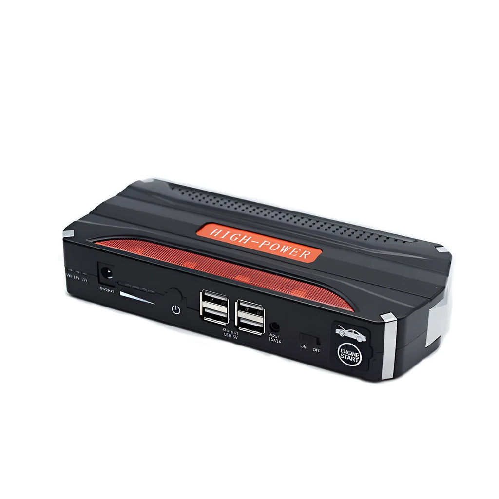 Black and red vehicle emergency starting power supply measuring 178x80x30mm with 7800mAh capacity