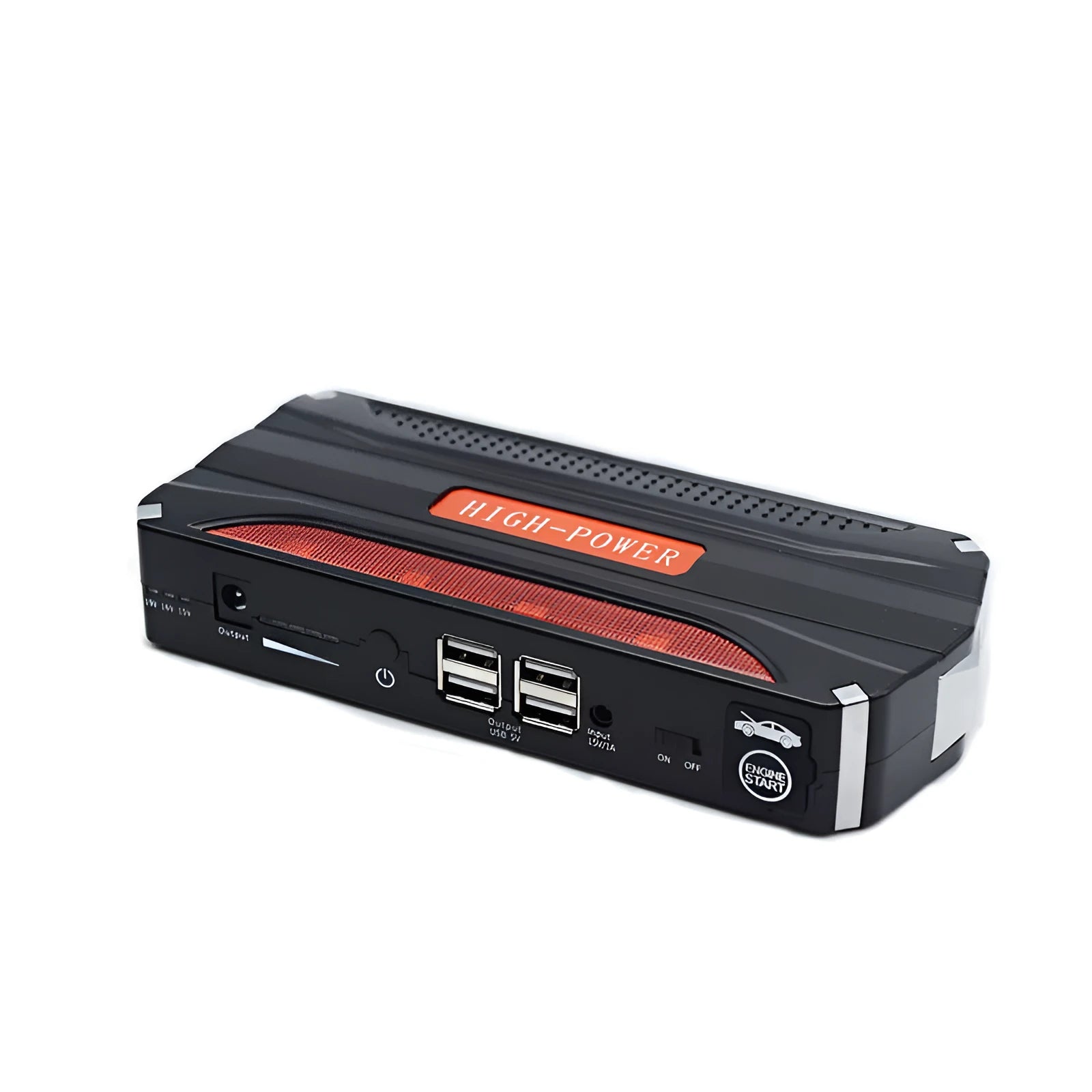 Black and red vehicle emergency starting power supply measuring 178x80x30mm with 7800mAh capacity