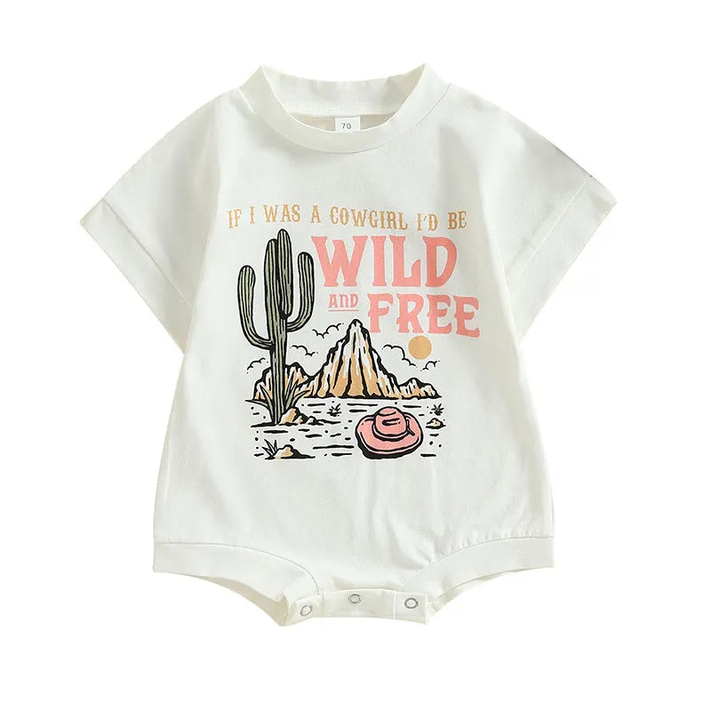 White girls cotton jumpsuit with cactus print on front, round neck, suitable for 70-100cm height