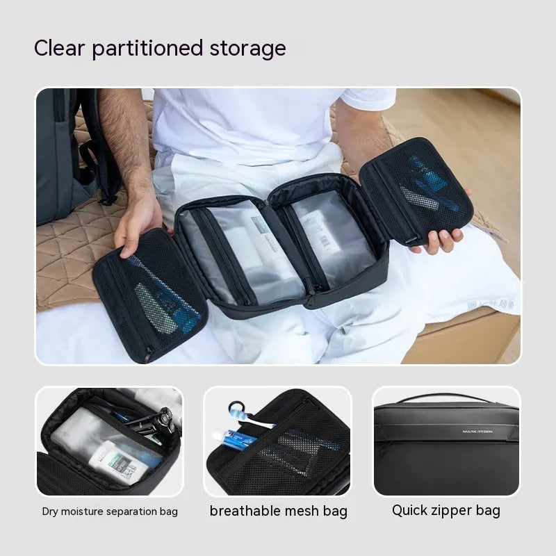 Oxford cloth toiletries storage bag with wet dry separation compartments in black, grey, or green.