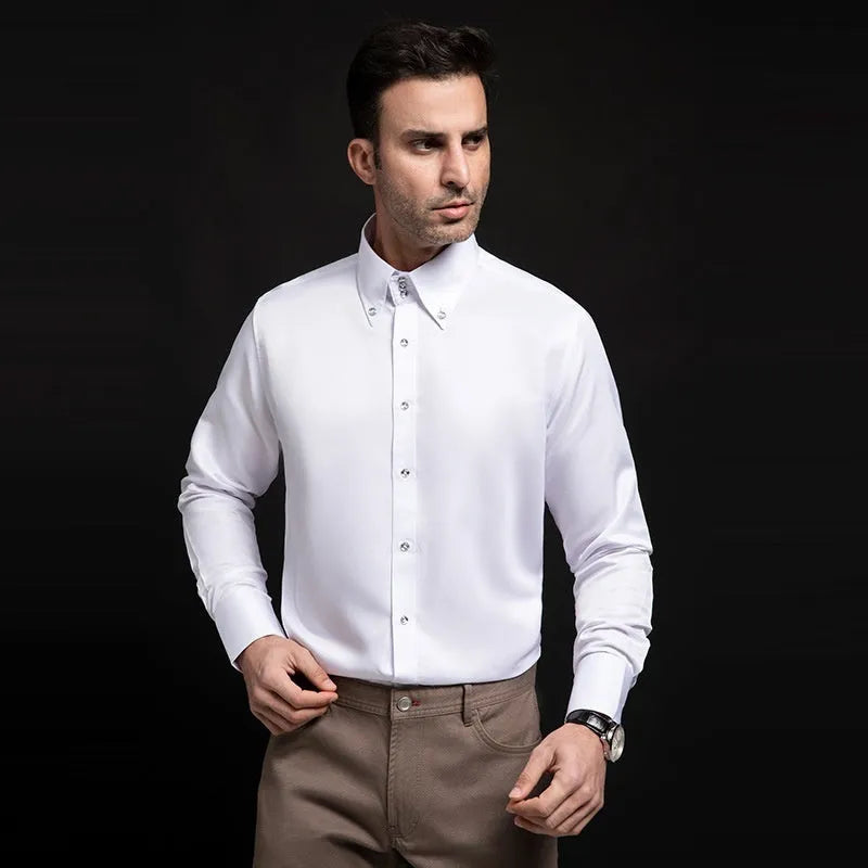 Men's high-neck long sleeve slim fit polyester shirt with crystal buttons in white, black, navy, or wine