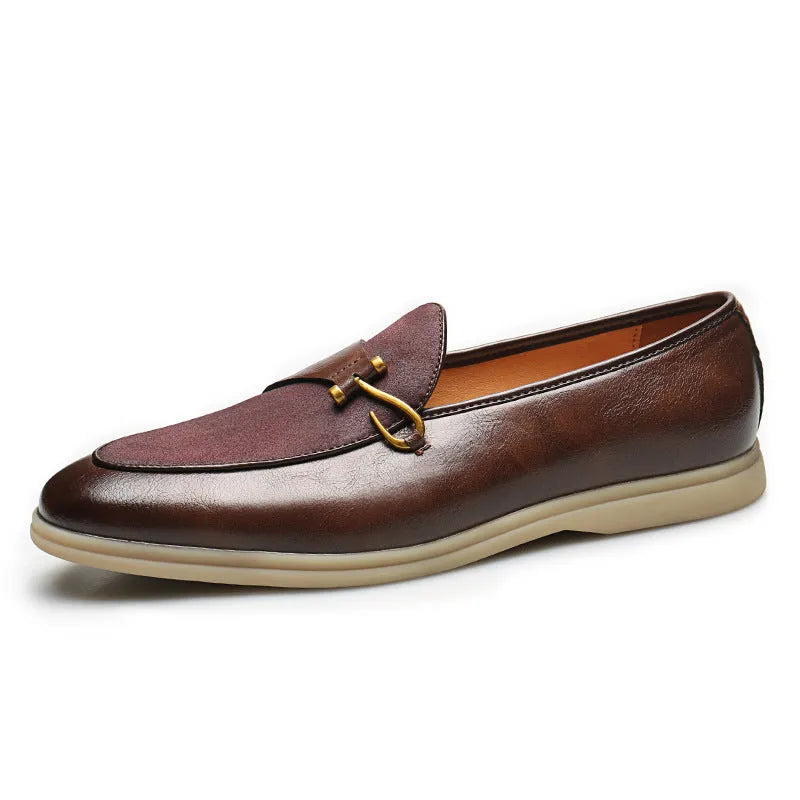 Breathable casual men's leather shoes in black, brown, and white with flat heel and round toe rubber sole