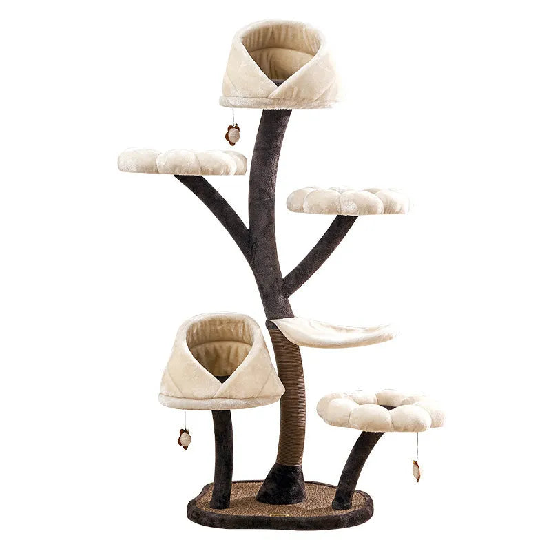 Beige flower cat climbing frame with nest platform and grasping board, 162cm tall, iron and plush construction