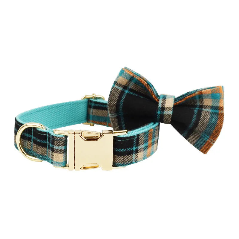 Green retro dog collar and leash set with matching vest and bow accessory