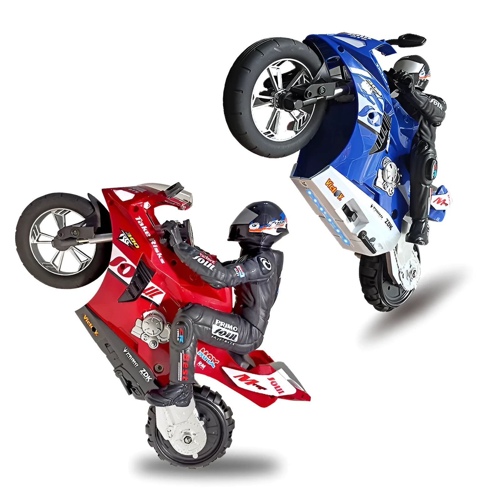 Side-tracking off-road remote control electric motorcycle toy in metallic red with rider