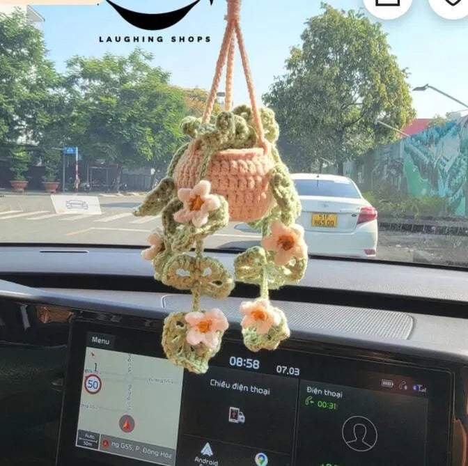 Green and white knitted car plant ornament with 8cm basin base and hanging rope for vehicle interiors