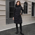 Black slim fit hooded long jacket for men with regular sleeves and polyester cotton blend construction