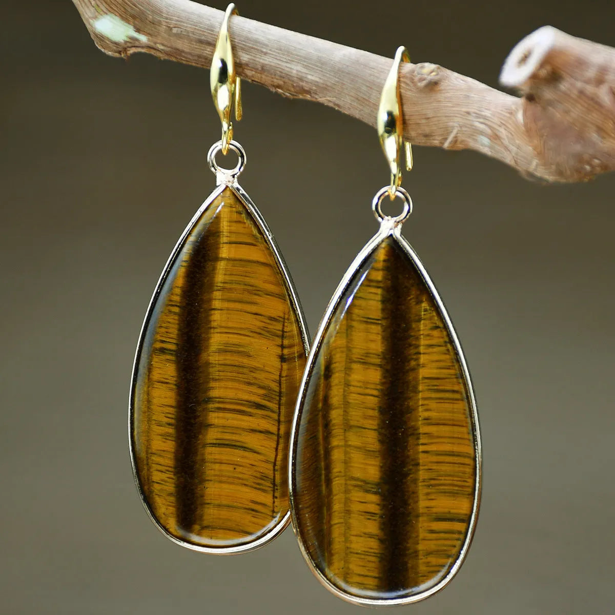 Vintage-style long drop earrings with a Tigereye stone bead