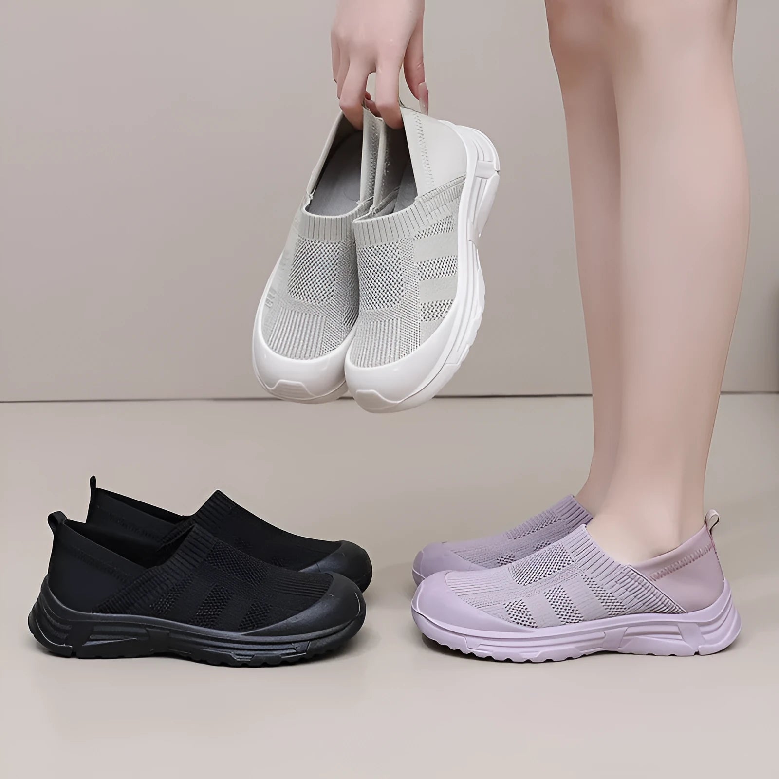 Women's slip-on shoe covers with cloth uppers and PVC soles in black, milky white, and purple colours