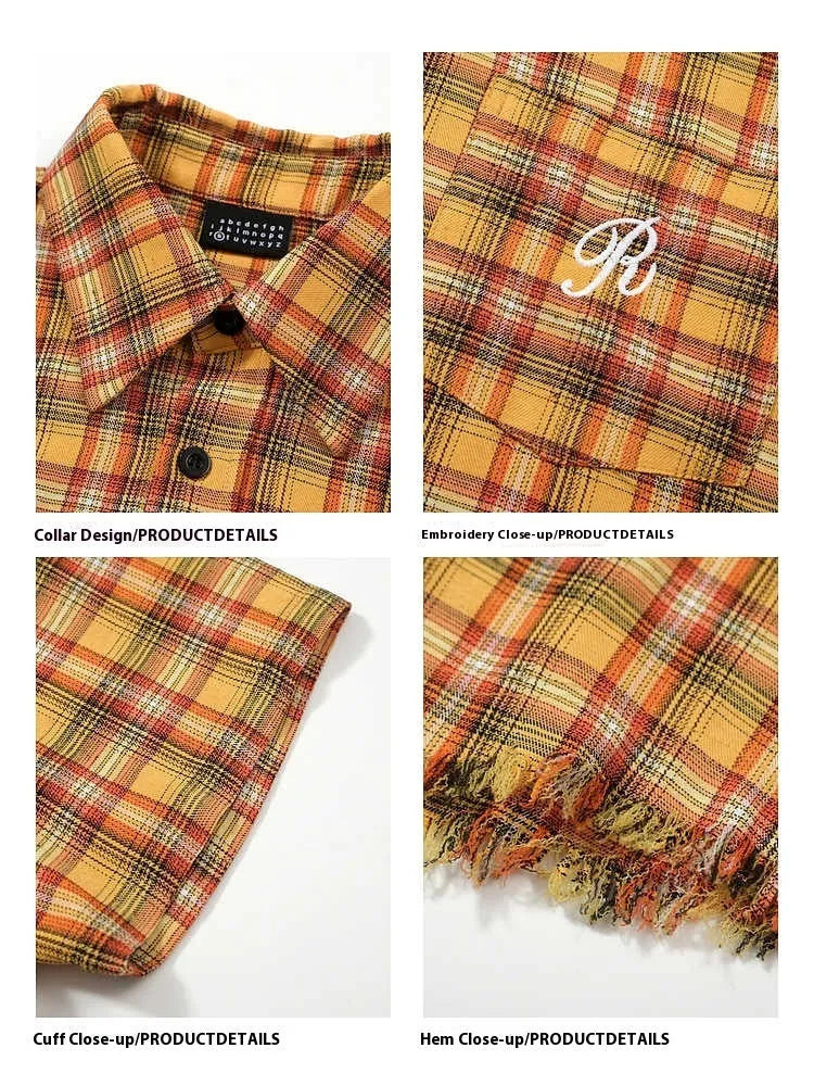 Yellow plaid short sleeve shirt with embroidered pocket detail and loose fit design