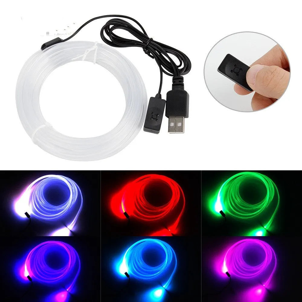Colourful EL ambience light strip for car interior with USB connector, shown in various lengths.