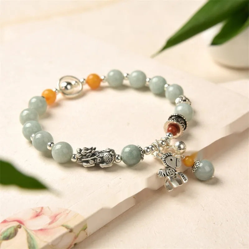 Natural emerald vintage bracelet with alloy components, manual DIY processing, retro jewellery style