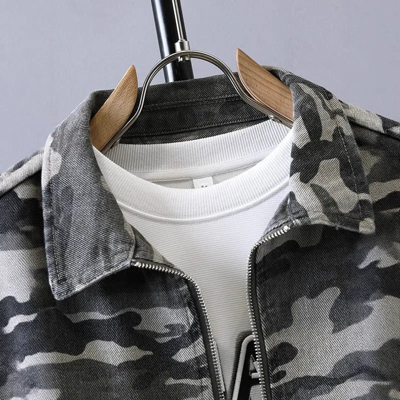 Men's camouflage polo collar jacket in cotton, regular fit, dark green camouflage colour, spring autumn daily wear