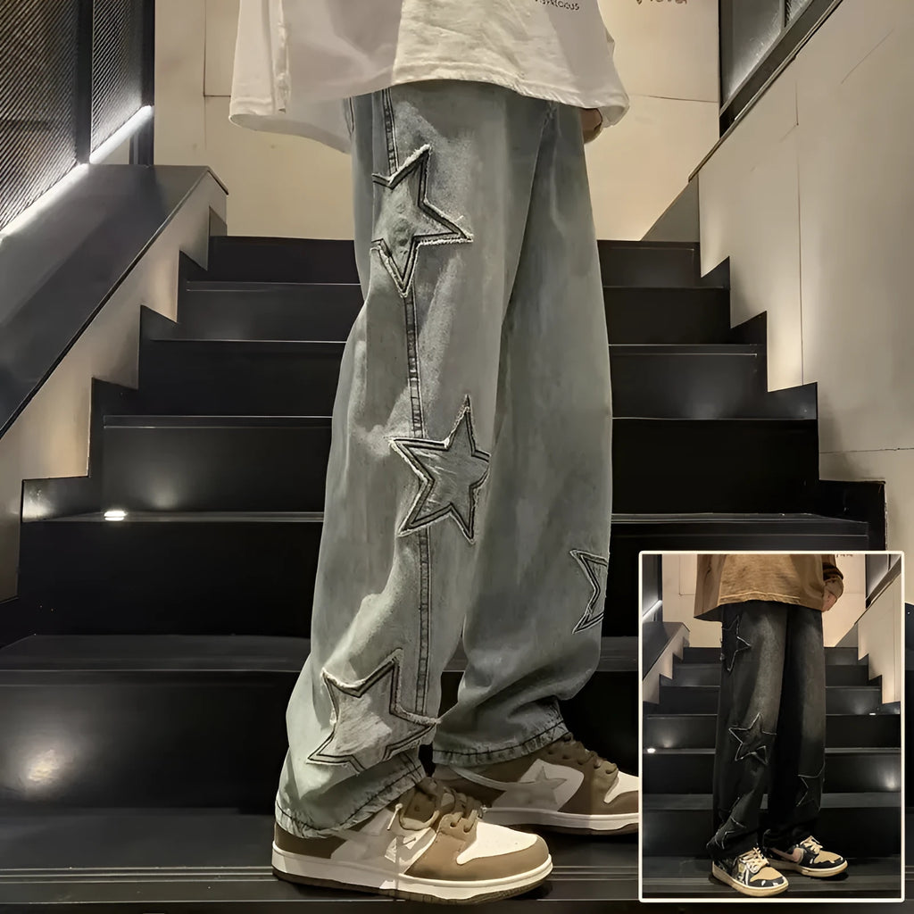 Star embroidery straight leg casual men jeans gothic wide leg hip-hop denim trousers in blue colour