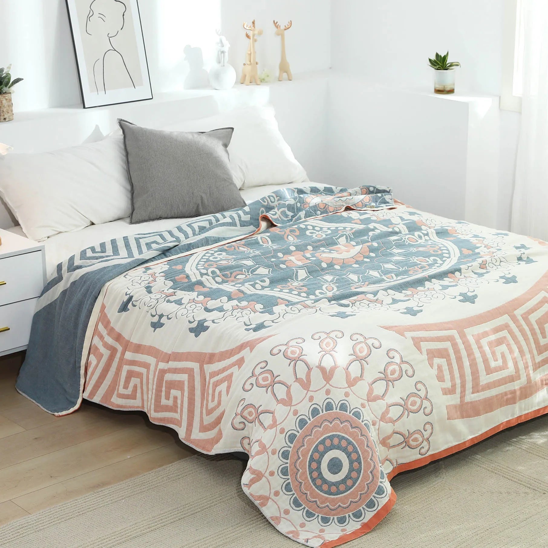 Pure cotton five-layer towel blanket with plants and flowers pattern in bohemian style, available in blue and orange sizes 150x200cm and 200x230cm