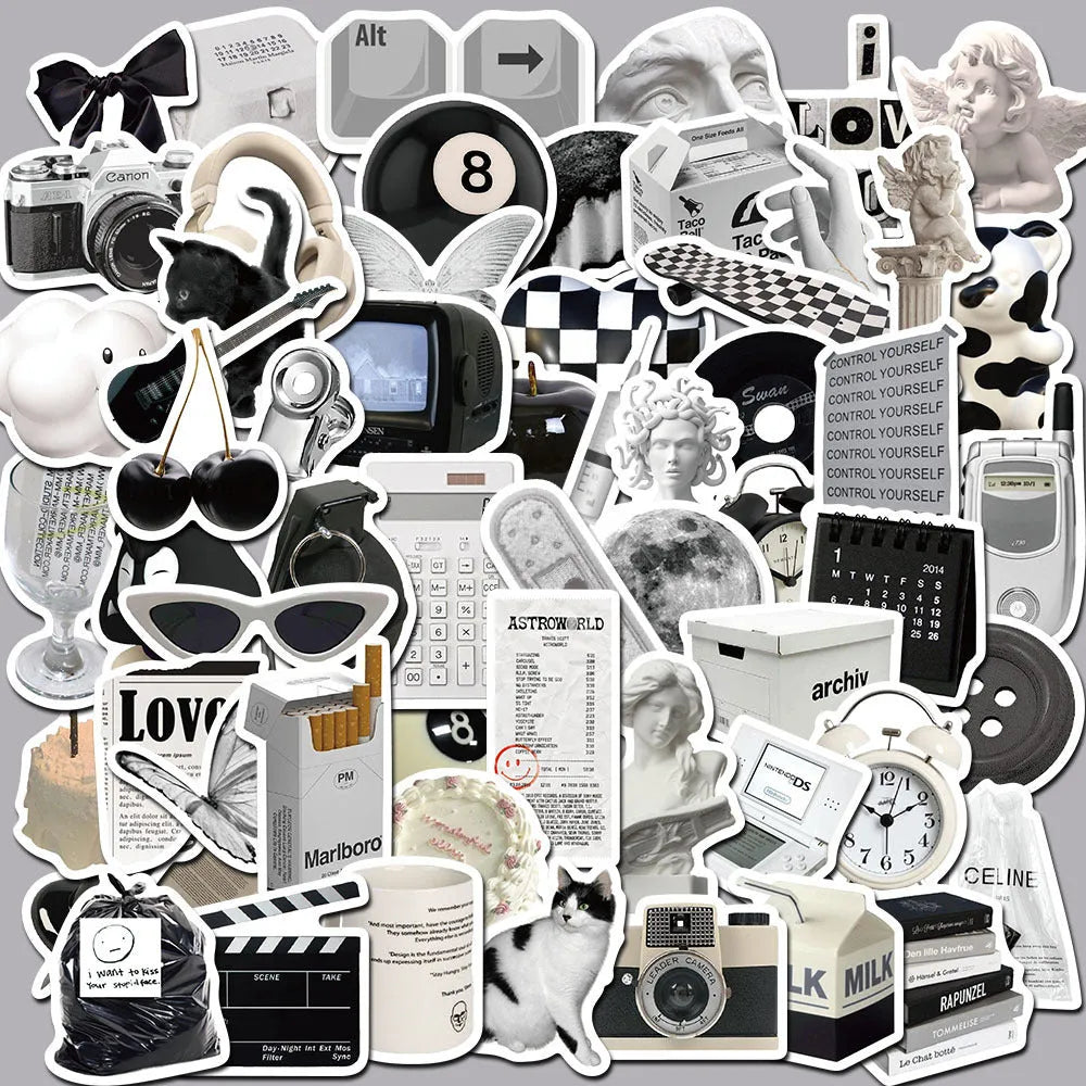61 black and white waterproof PVC stickers for laptops, phones, and luggage decor.
