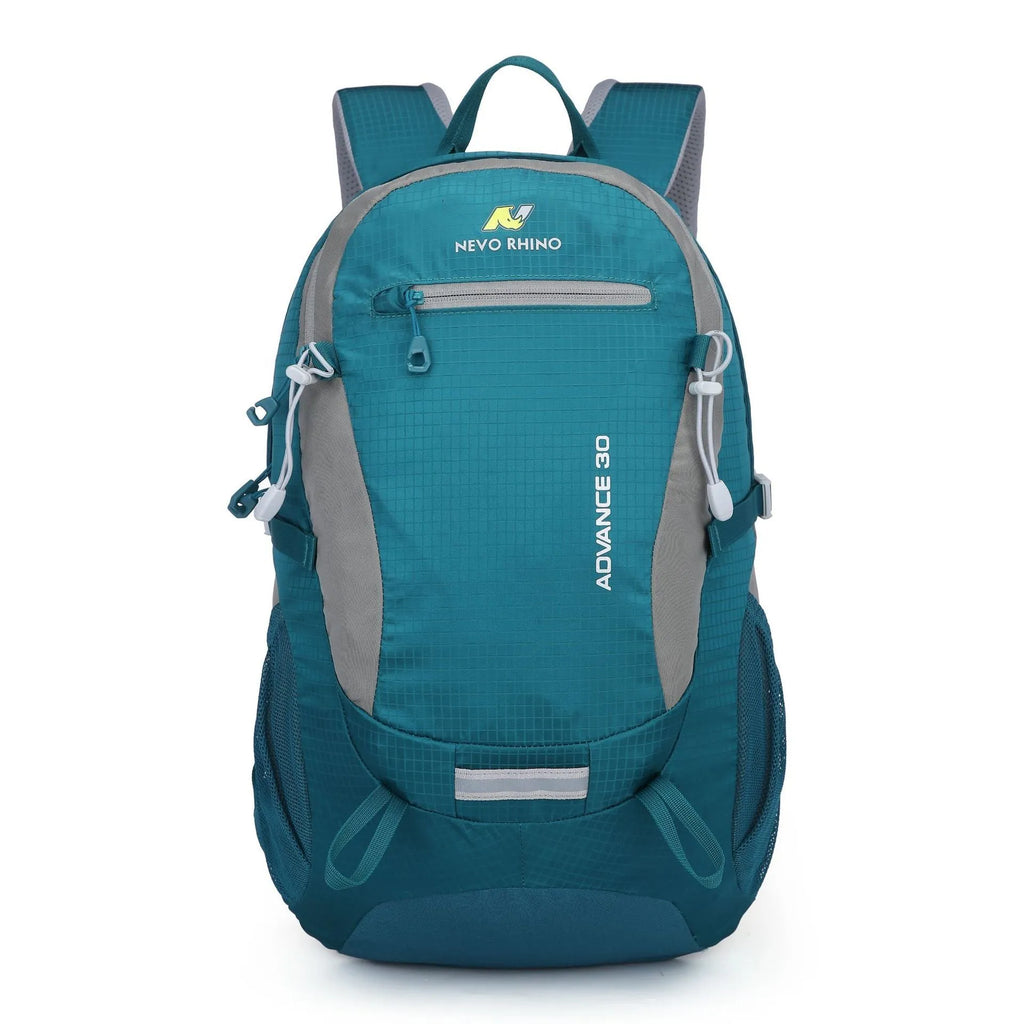 30 litre dark green nylon hiking backpack with airpillow straps shown from a side angle.