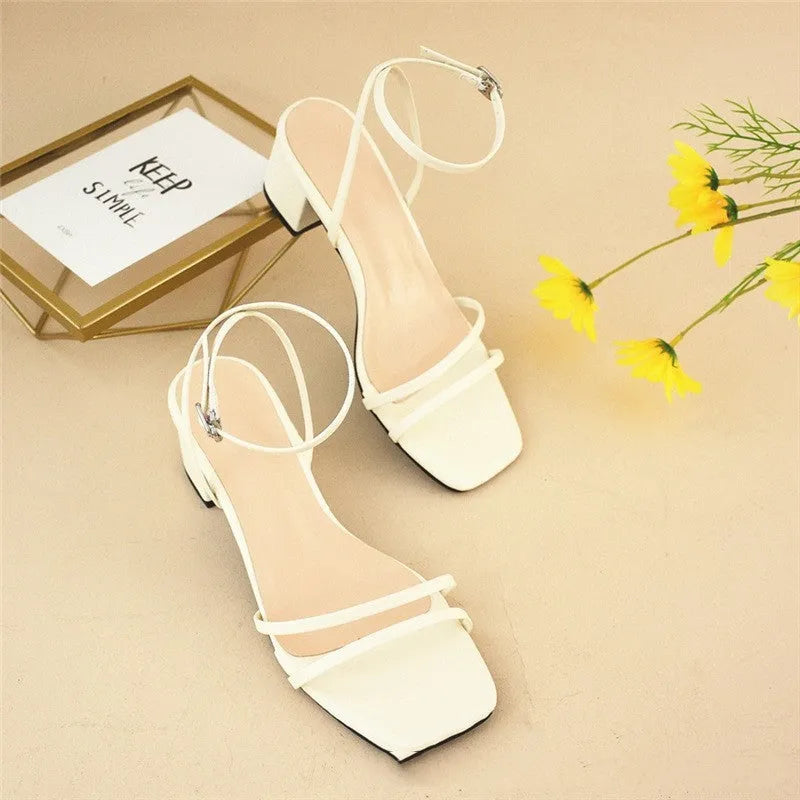 Beige women's square toe sandals with chunky stiletto heel and ankle buckle