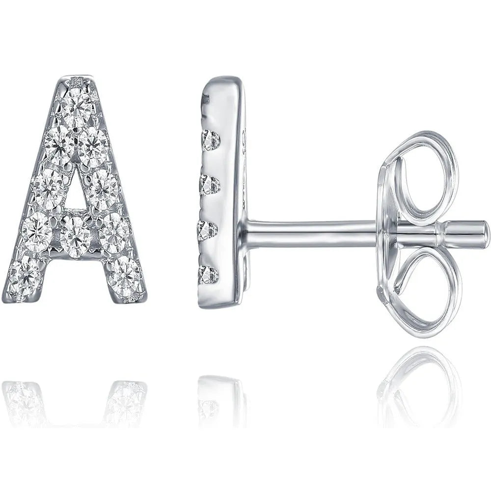 Gold plated alphabet letter earrings showing brass construction with zircon detail on English letters