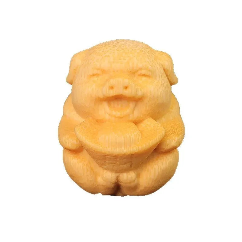 Solid bamboo carving ornament with cute pig design measuring 4cm tall by 3.5cm diameter