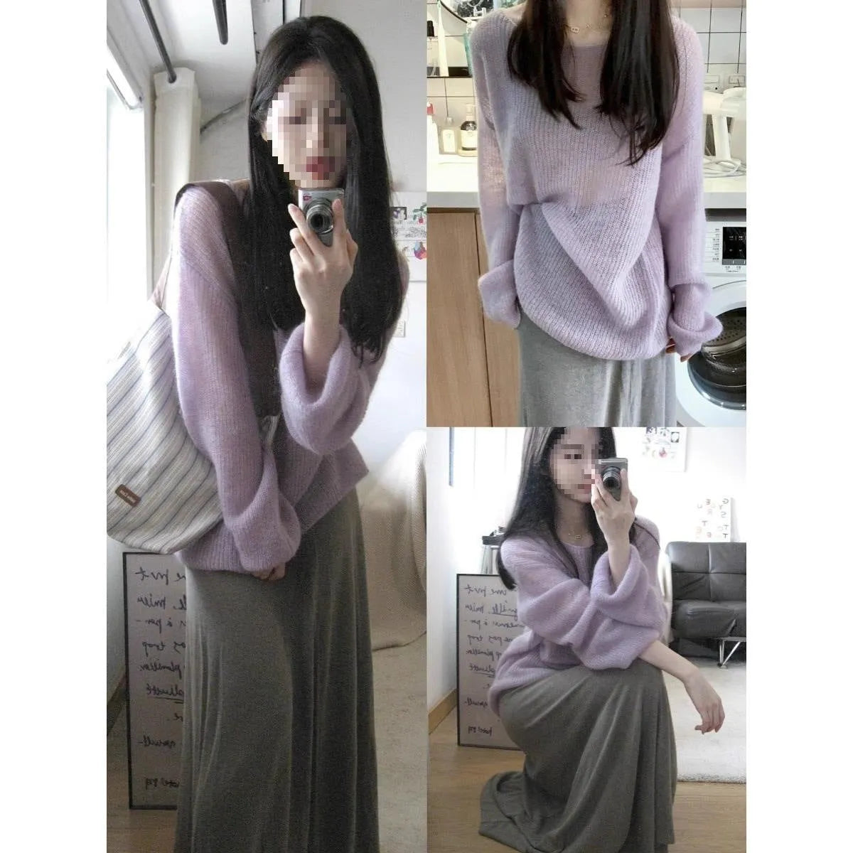Purple women's Ice Silk blouse with hollow-out princess sleeves on a hanger.