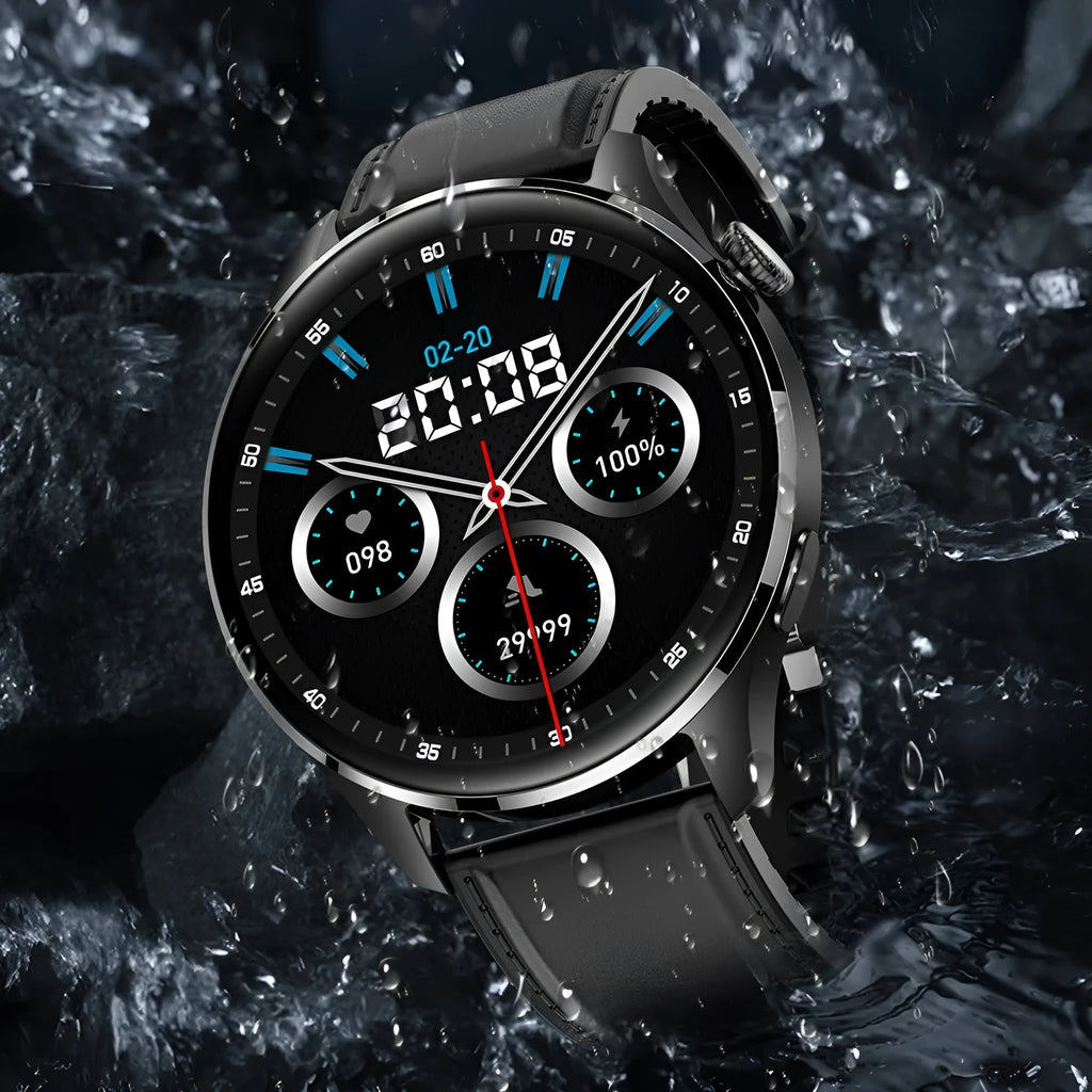 Smart watch with round colour touchscreen on a black silicone strap, showing access control and calling functions.