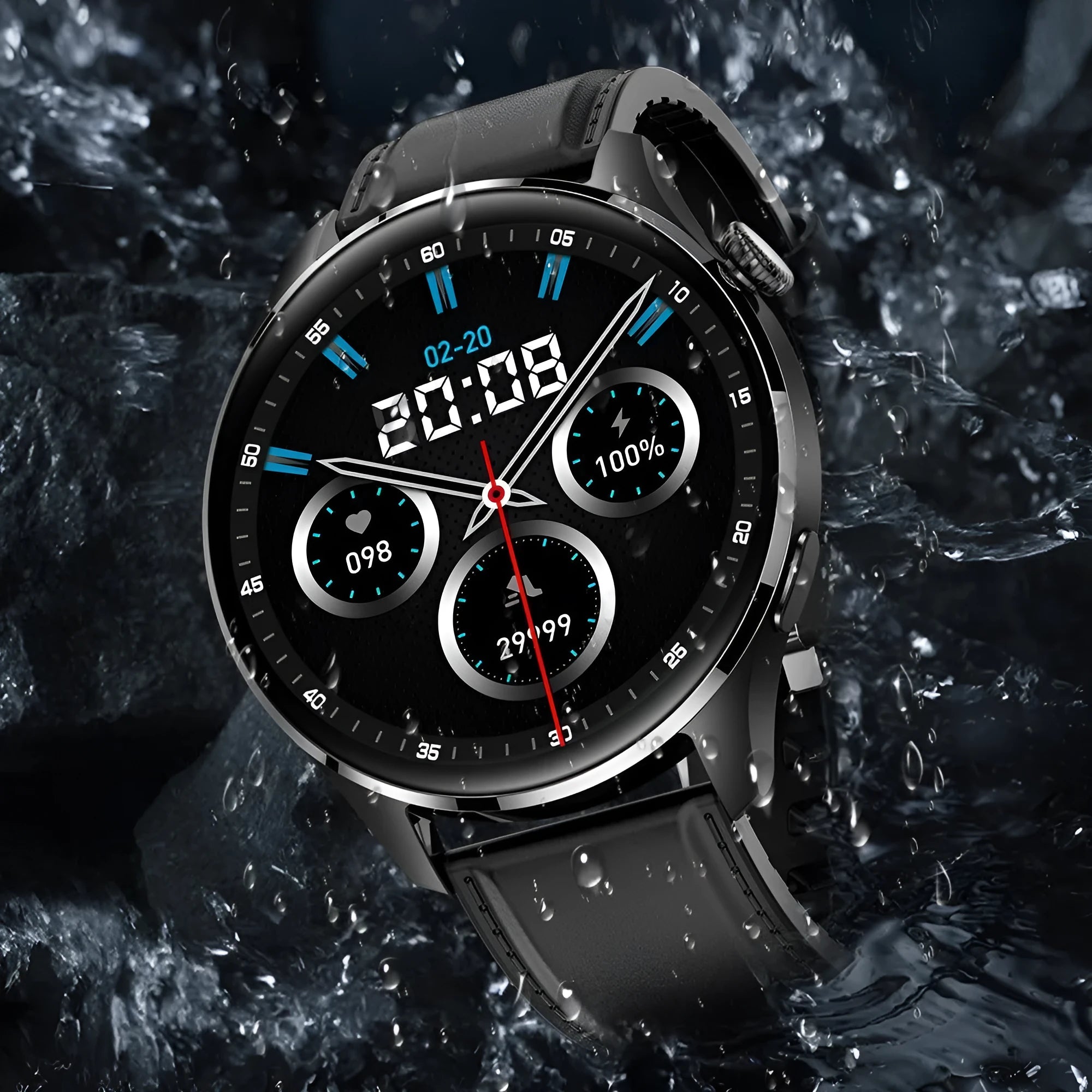 Smart watch with round colour touchscreen on a black silicone strap, showing access control and calling functions.