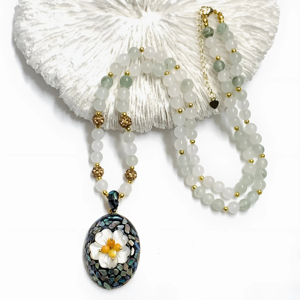 Mother-of-pearl shell necklace with rhinestone inlay, twist chain, 51-60cm, with earrings and bracelet set