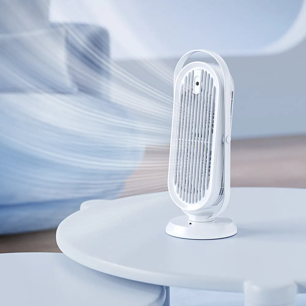 White USB tower fan with remote control on a wooden desk