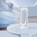 White USB tower fan with remote control on a wooden desk