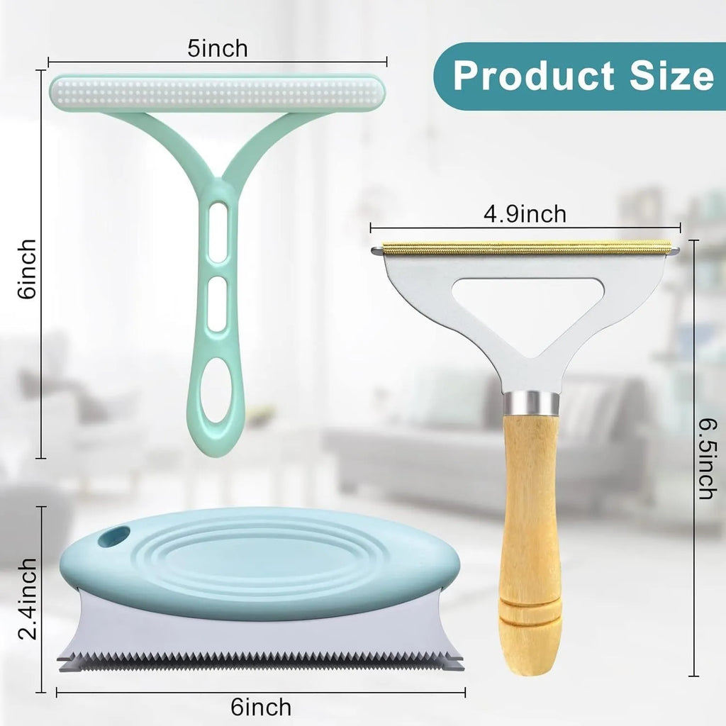 Green three-piece pet hair remover set with metal shaver, silicone brush and round cleaner tools