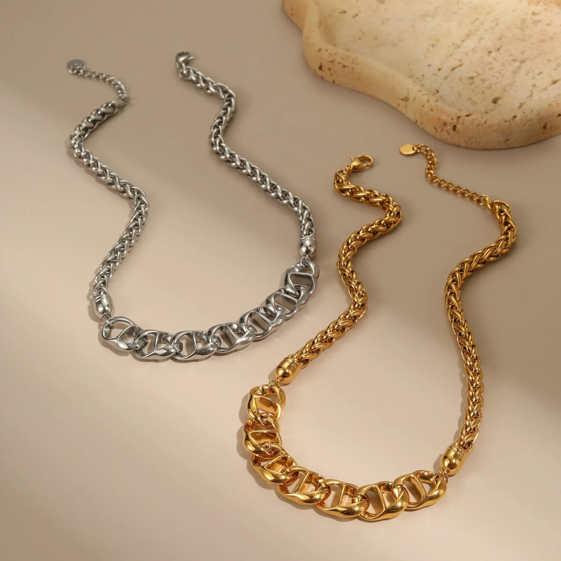 Stainless steel geometric chain necklace with 18K gold plating in gold or steel colour options
