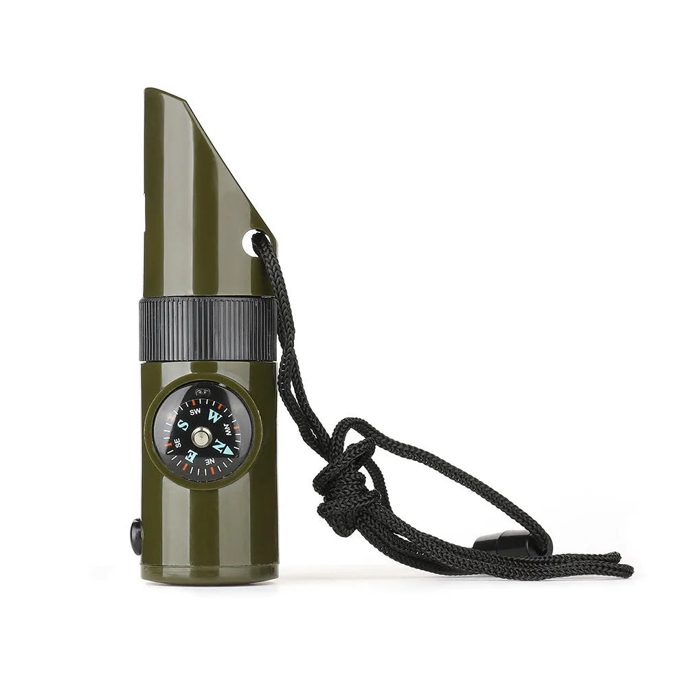 Outdoor Professional Seven-in-one Multifunctional Survival Whistle in army green with compass and whistle features