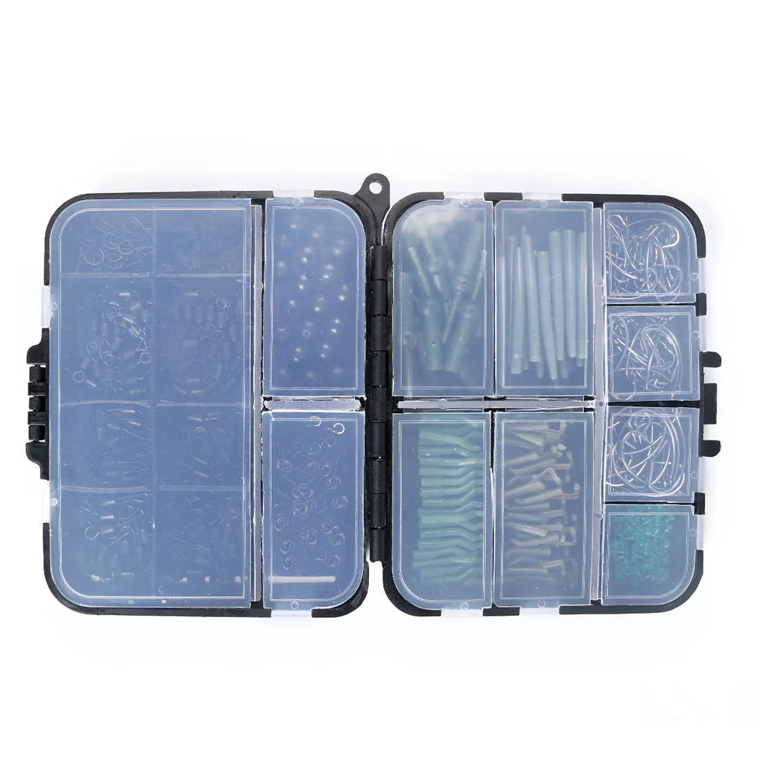 420-piece space beam carp fishing accessories set in 12cm x 9.5cm x 3cm box with swivels, pins, and hooks