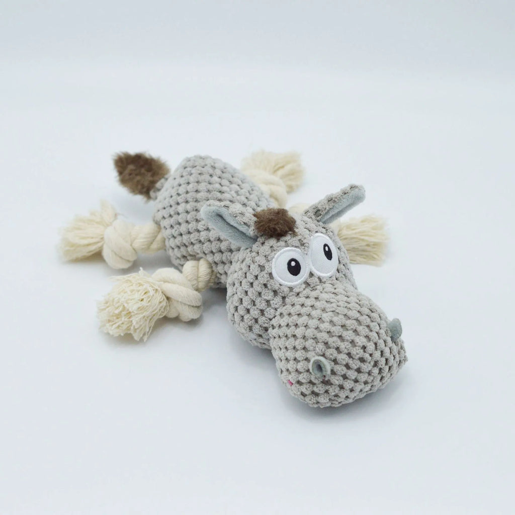 Grey donkey plush dog toy with creak sound mechanism measuring 27 x 20 x 9.5 cm