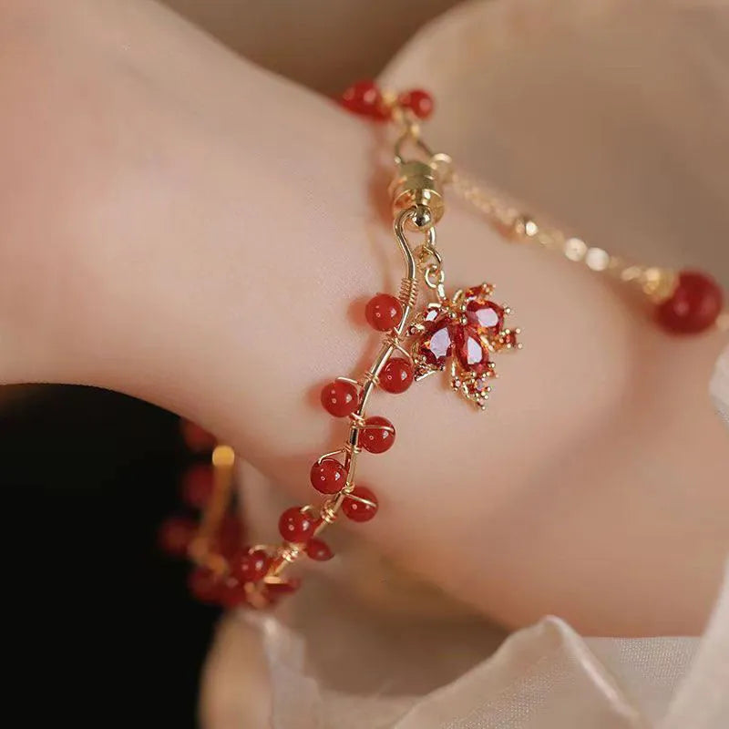 Red ginkgo leaf magnetic alloy bracelet with electroplated finish and leaf links