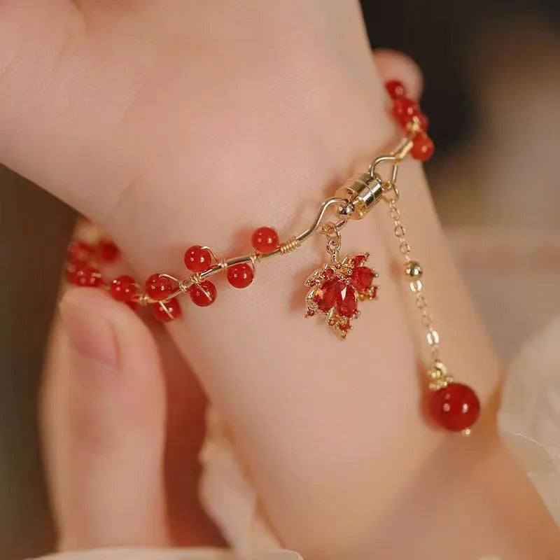 Red ginkgo leaf magnetic alloy bracelet with electroplated finish and leaf links