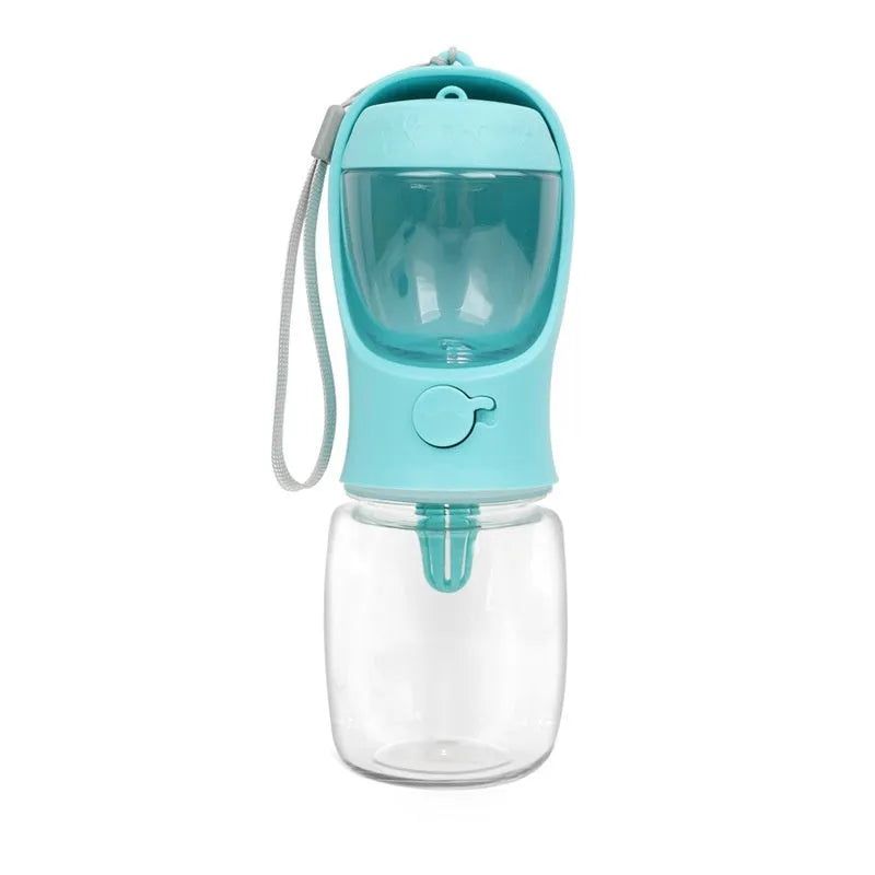 Blue portable plastic dog water cup with dual-use bowl design for outdoor walks.