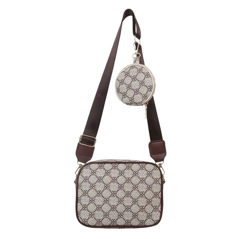 Vintage plaid crossbody bag in khaki, PU material, horizontal square shape with outer pocket and matching small bag