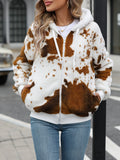 Yellow brown cow animal print hooded cardigan jacket with full zipper and regular sleeves
