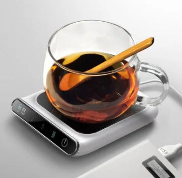 Black USB cup warmer with three-speed temperature control and compact 118x132mm heating coaster