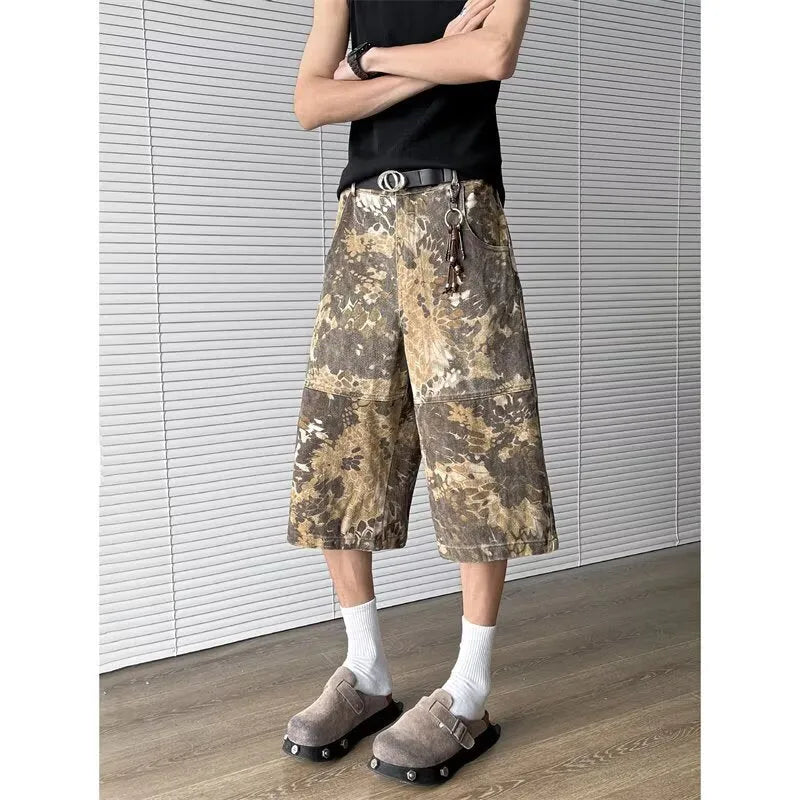 Yellow snake pattern camouflage cropped jeans in cotton denim fabric