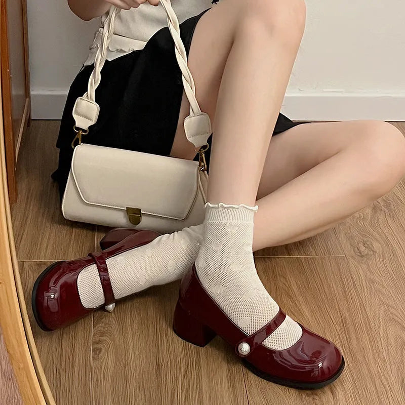Women's Mary Jane shoes, chunky heel, round toe, black colour, microfiber upper