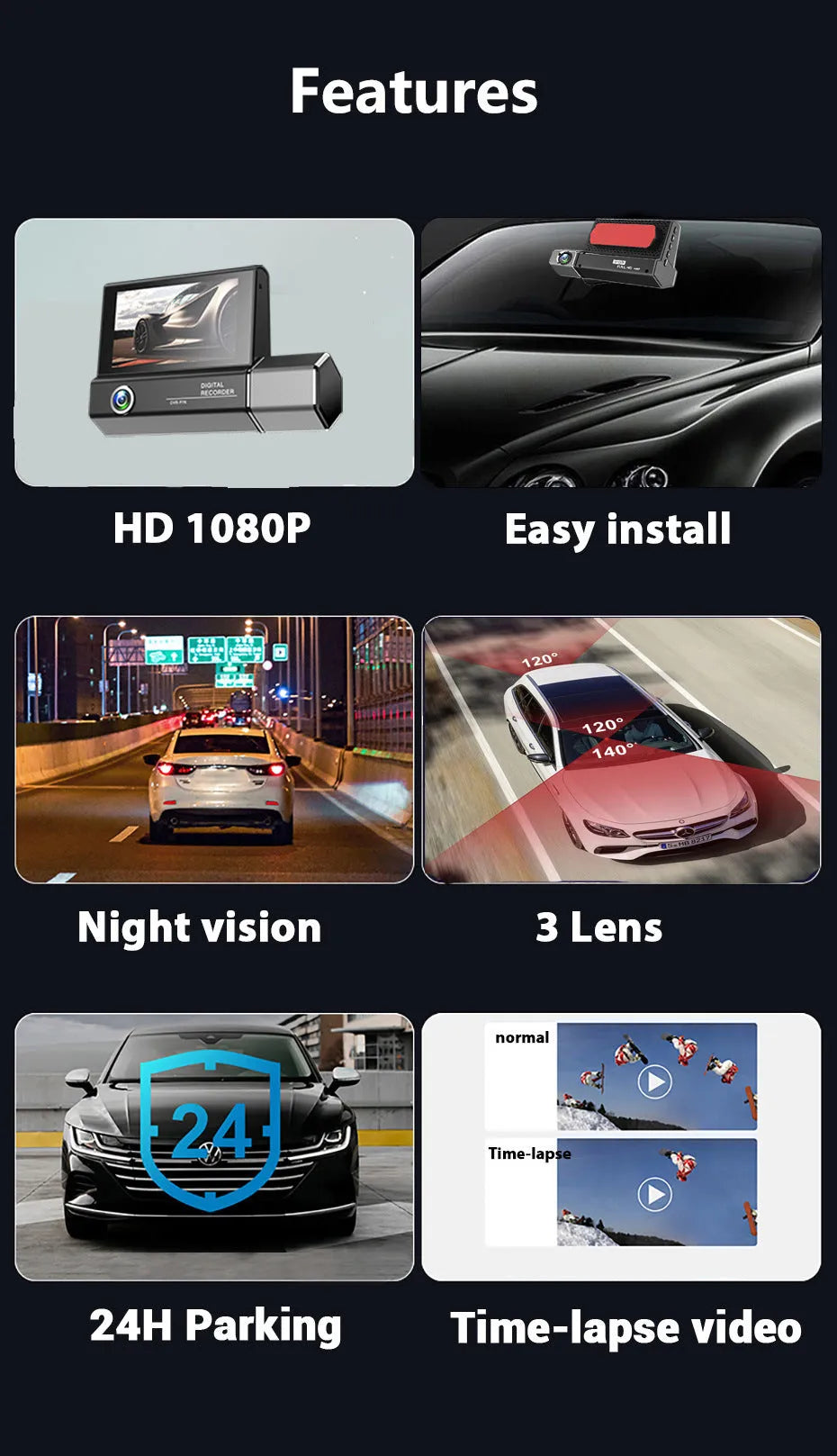 Black plastic 3-lens car dashcam with touch screen, suitable for vehicle recording